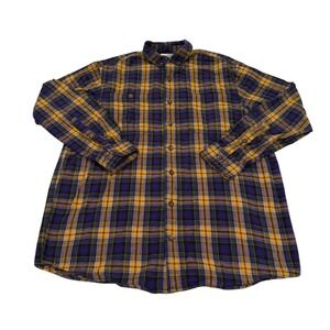 Duluth Trading Men L Tall Relaxed Fit Flannel Shirt Purple Yellow Plaid Cotton